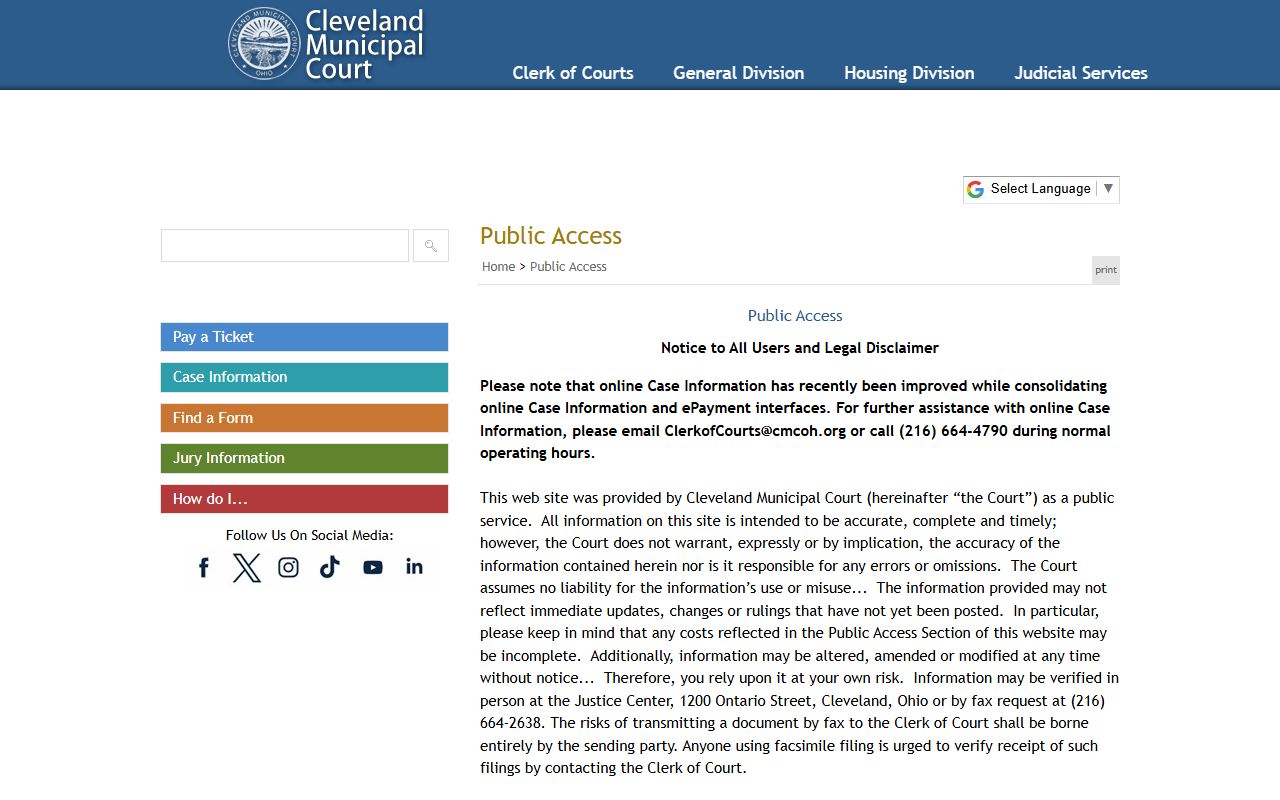 Cleveland Municipal Court public access portal for Cleveland booking releases