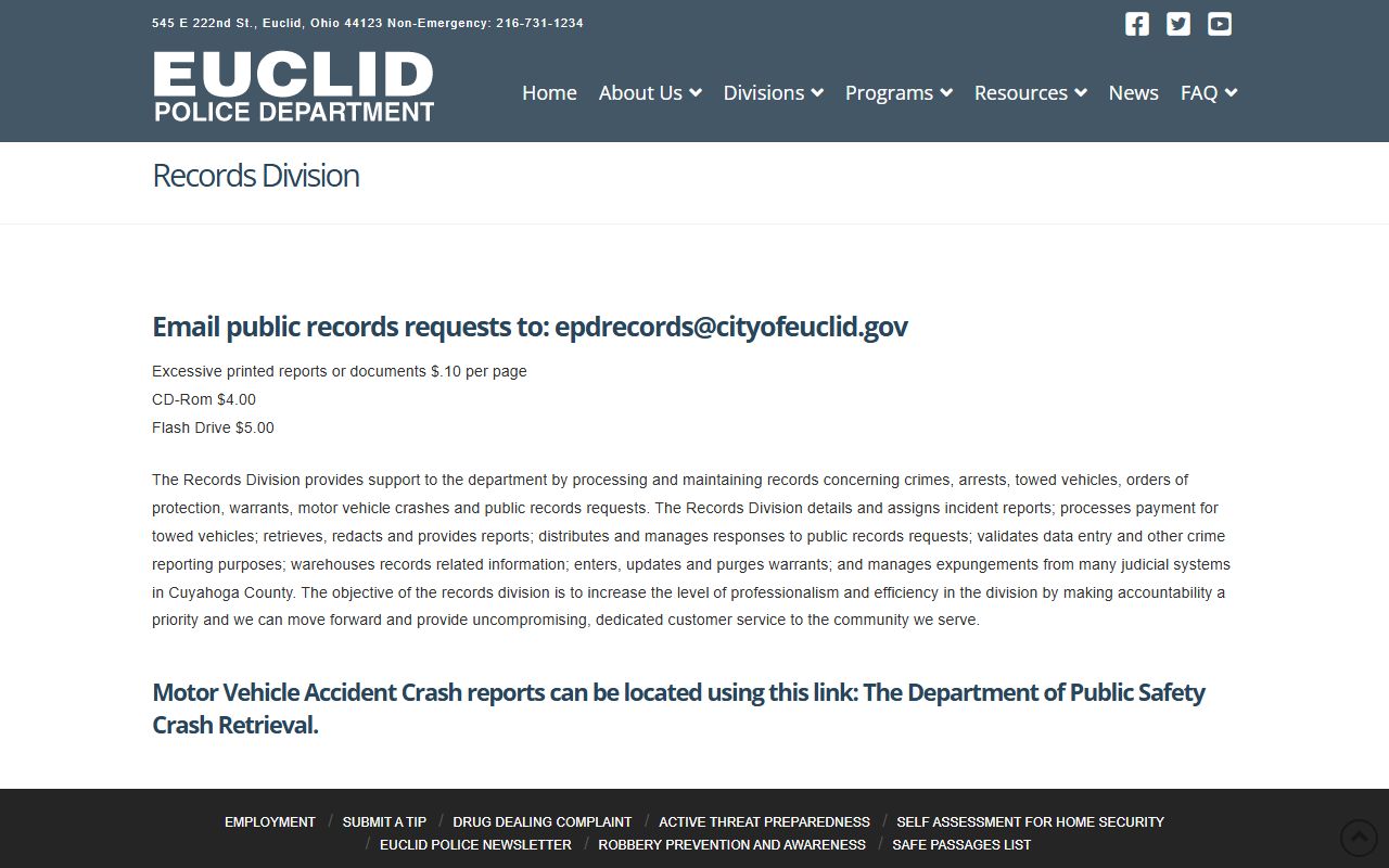 Euclid Police Records Division page for public records requests