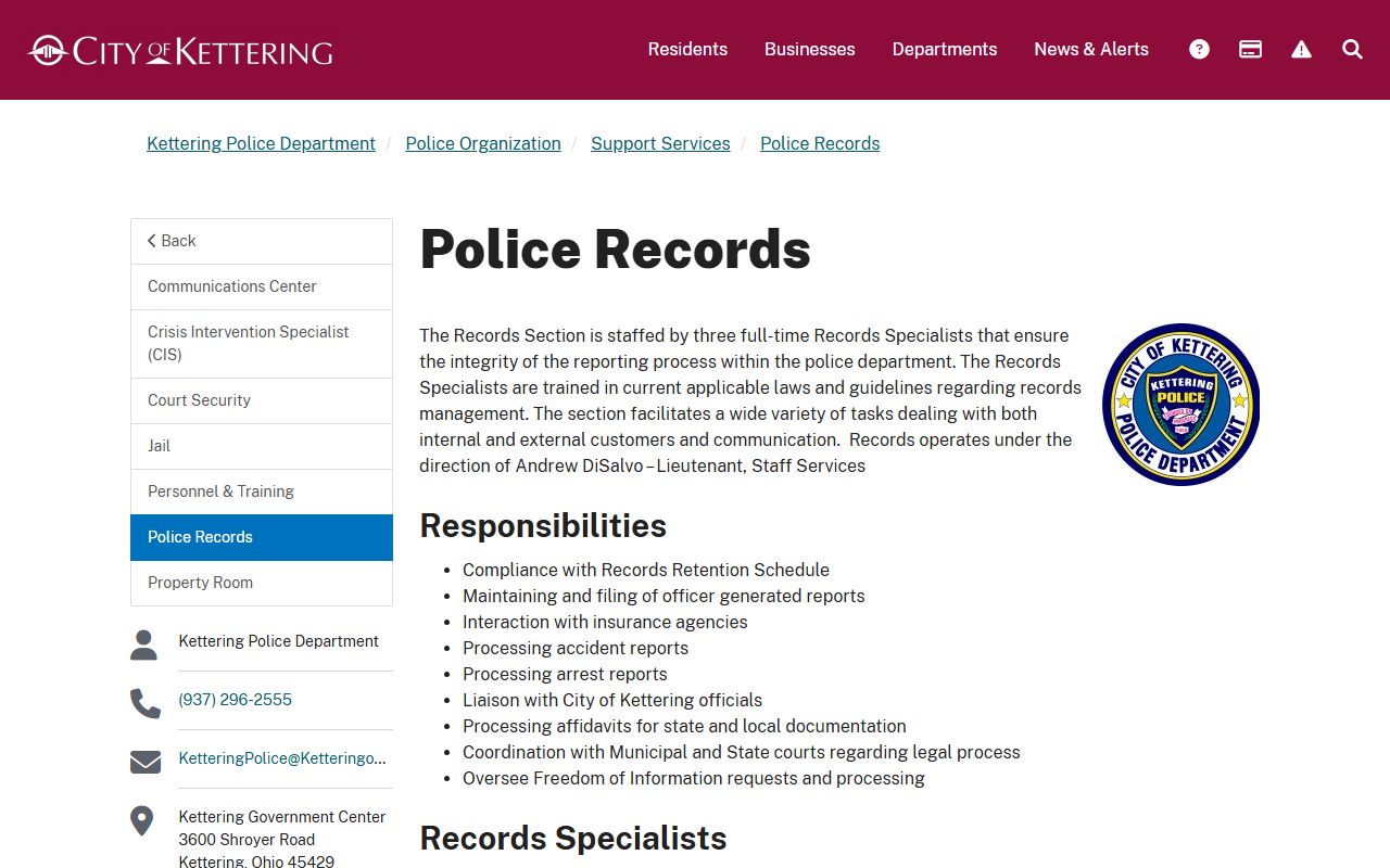 Kettering Police Department records section for Kettering booking releases