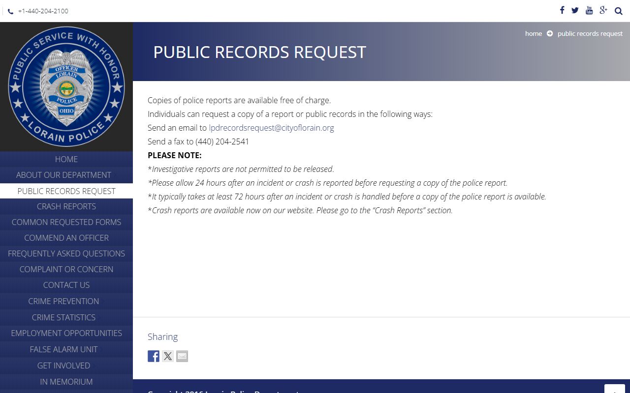 Lorain Police Department public records request page for Lorain booking releases
