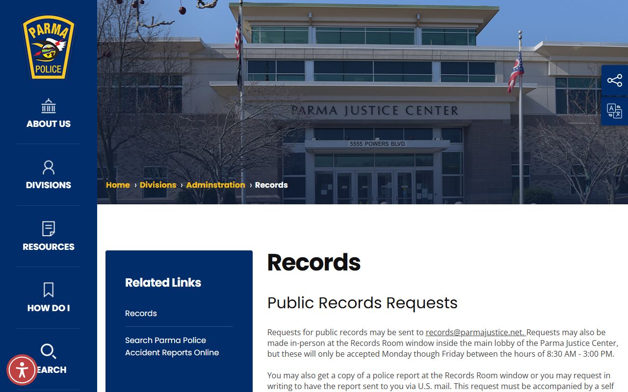 Parma Police Department records division for Parma booking releases