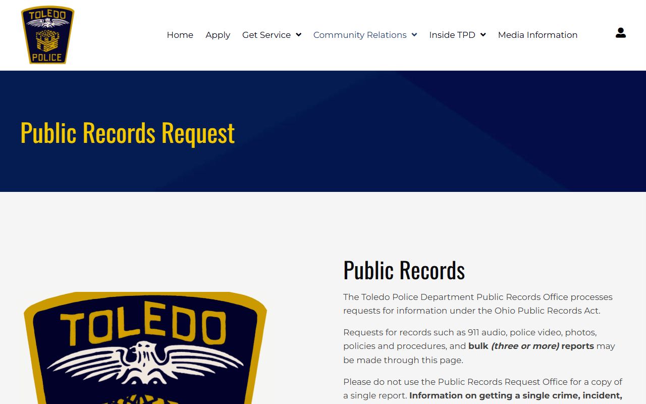 Toledo Police public records request portal for booking releases