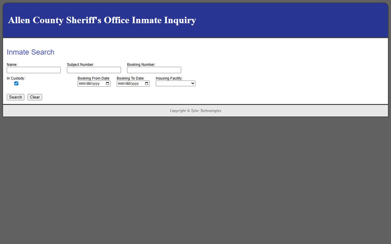 Allen County Sheriff inmate inquiry system for Lima booking releases