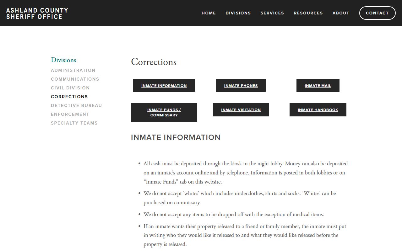 Ashland County Corrections Division booking releases page
