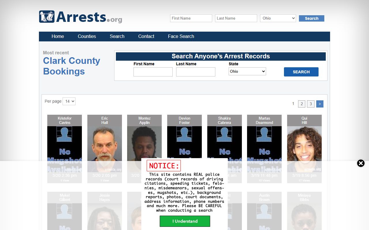 Clark County booking releases arrest records search page