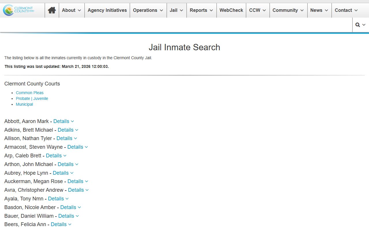 Clermont County booking releases inmate search results