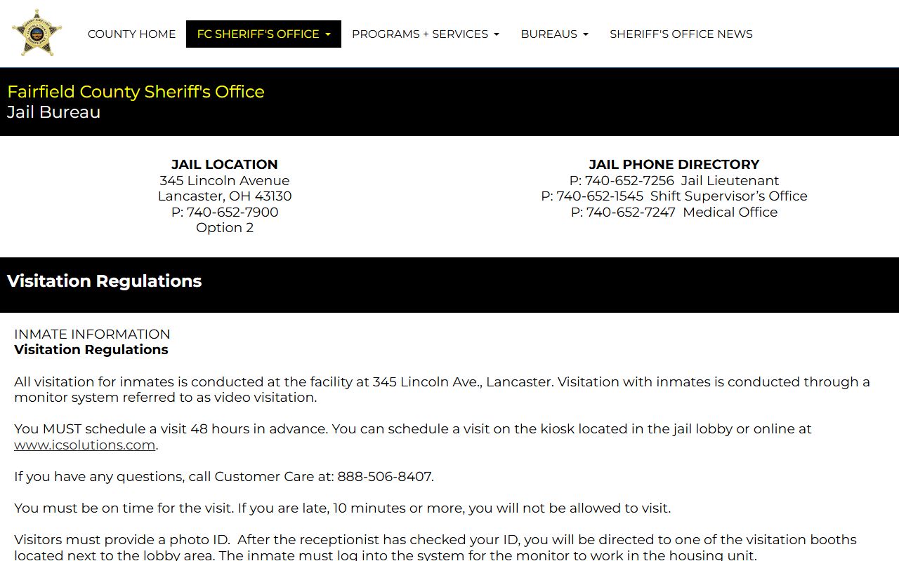 Fairfield County Jail Bureau page for booking releases