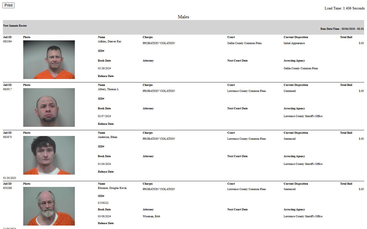 Gallia County inmate roster page for booking releases