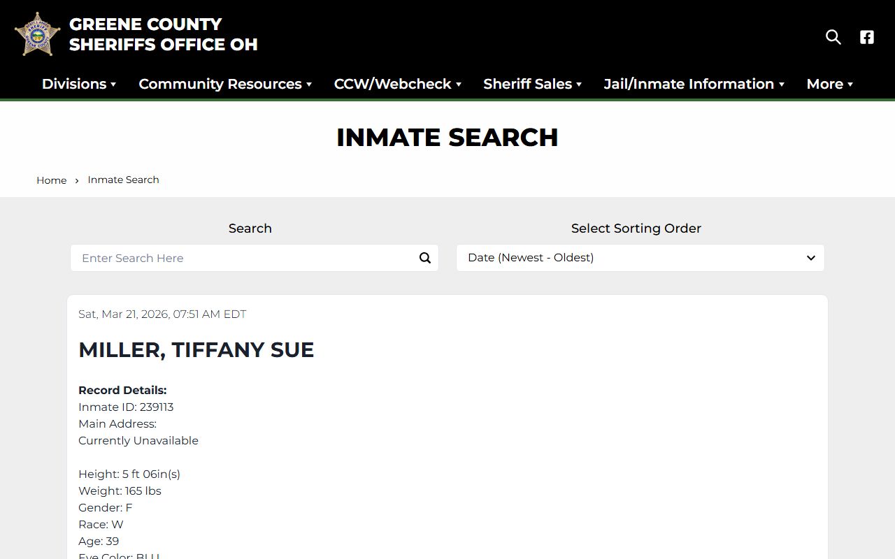 Greene County inmate search portal for booking releases