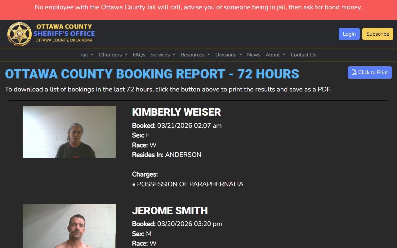 Ottawa County 72-hour booking report for booking releases