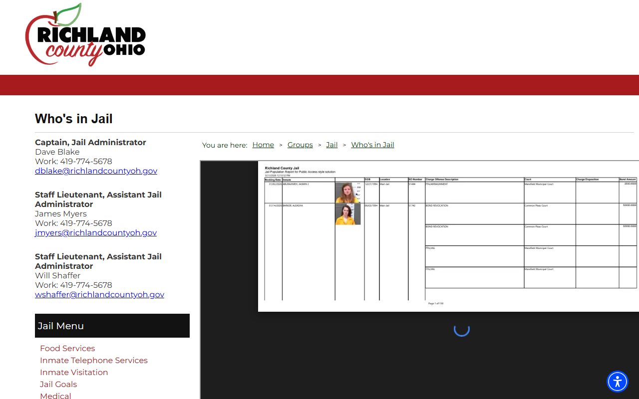 Richland County Who is in Jail page for booking releases