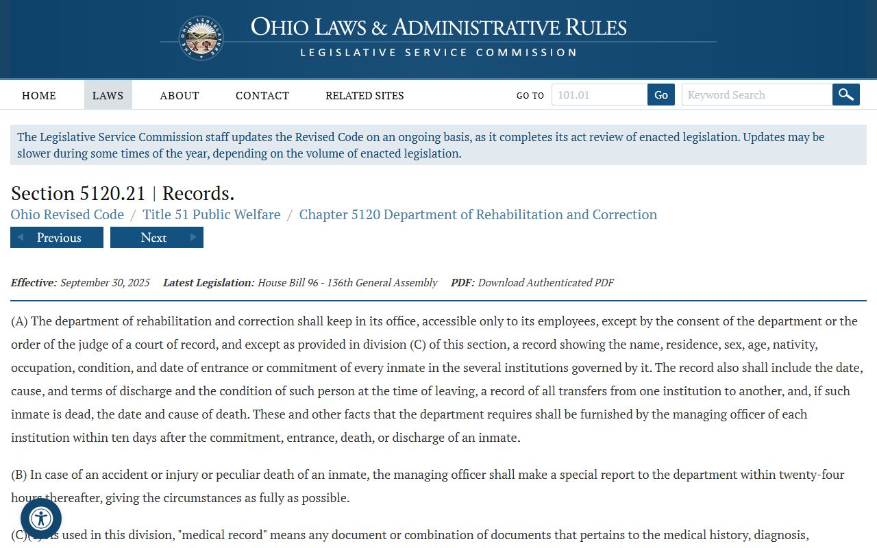 Ohio inmate records ORC 5120.21 booking releases