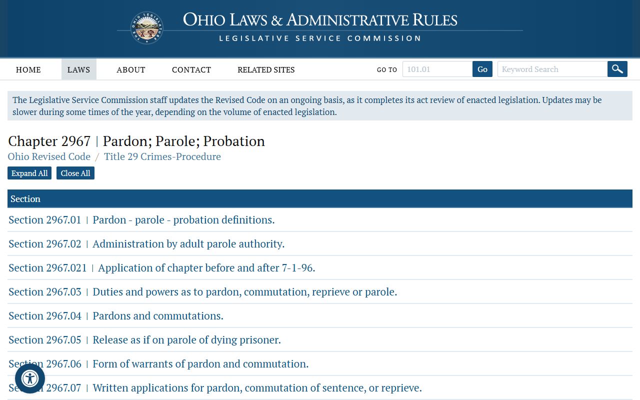 Ohio pardon parole chapter 2967 booking releases