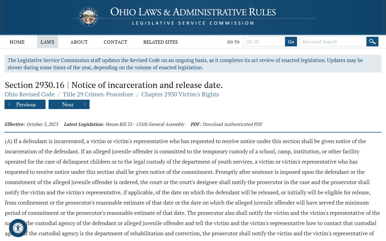 Ohio victim notification law for booking releases